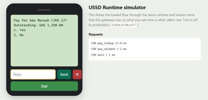 USSD simulator showing a student's name and outstanding fees, fetched from the school's backend