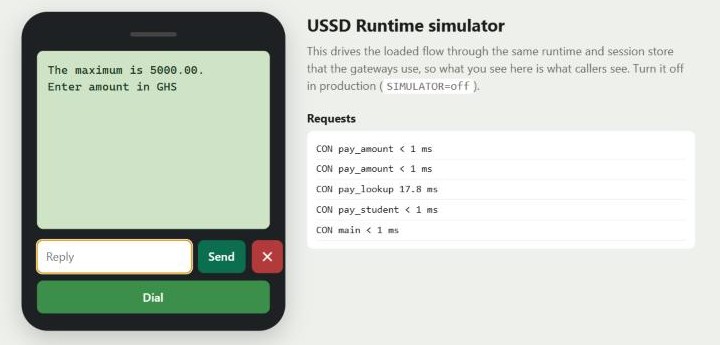 USSD simulator refusing an amount over the GHS 5,000 limit and asking again